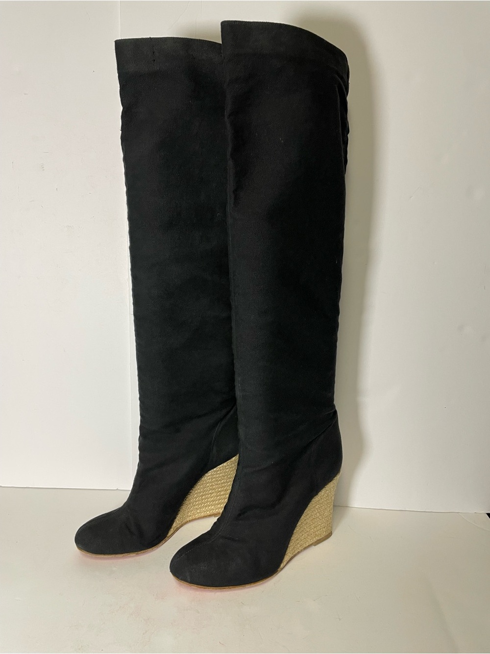 Christian Louboutin Black Wedge canvas espadrille knee high tall Boots 39/ 8.5